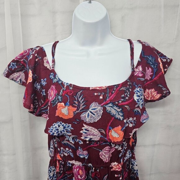 Lucky Brand Plum Floral Maxi Dress Cold Shoulder Boho Festival M - Picture 2 of 12
